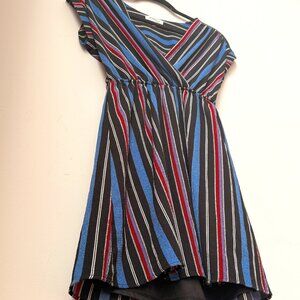 Monteau wrap mini dress ~ plunge surplice v-neck ~ striped ~ slip skirt